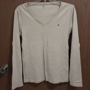 Tommy Hilfiger Tan Cream V Neck Simple Long Sleeve Shirt Size L